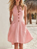 Women's Cotton-linen V-neck Button-front Sleeveless Loose Casual Dress