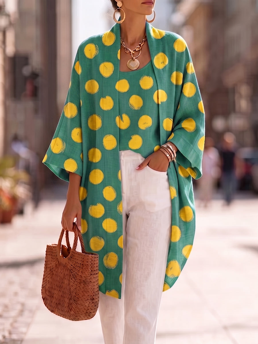 Brushstroke Polka Dot Cotton-linen Vest & Cardigan Two-piece Set