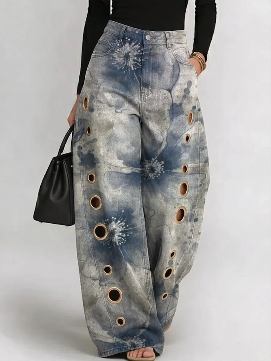 Women's Vintage Ink Wash Art Flowers Print Casual Fashion Cutout Jeans