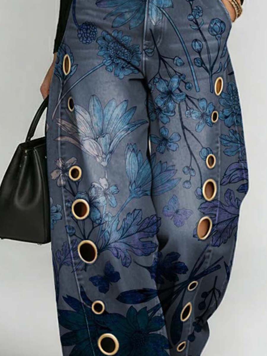 Women's Retro Floral Art Print Casual Stylish Hollow Denim Pants