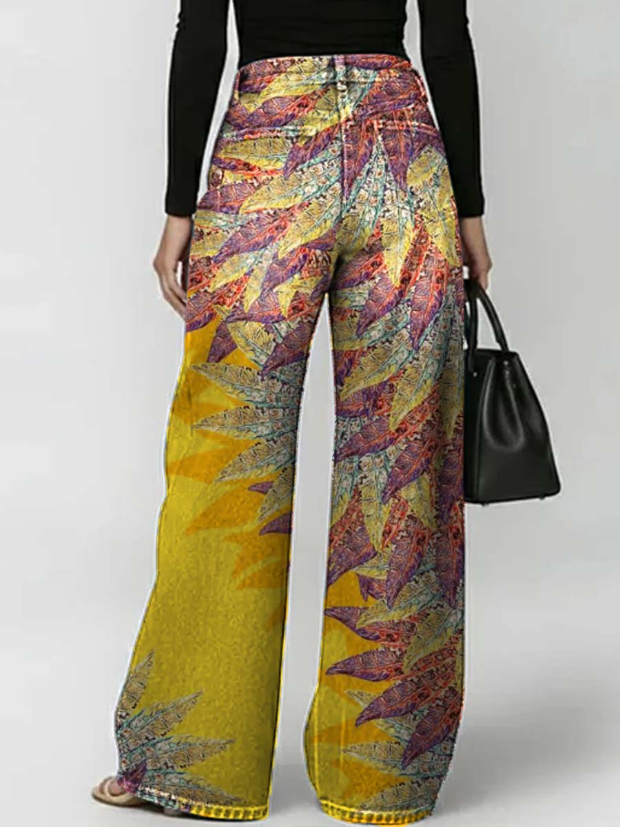 Women's Retro Floral Art Print Casual Stylish Hollow Denim Pants