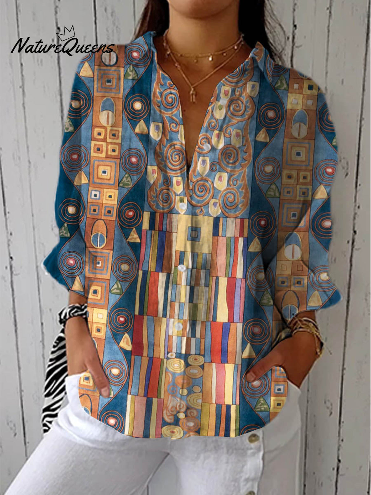 Women's Abstract Geometric Pattern Art Print Casual Cotton Linen V-neck Shirt