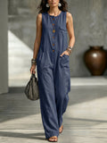 Women's Crew Neck Sleeveless Multi-pocket Jumpsuit