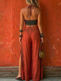 Bohemian-style Two-piece Set: Lace-up Top And Slit Pants