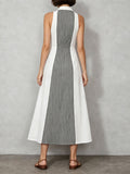 Women's Striped Flared Hem Color-block Lapel Linen Maxi Dress
