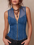 Women's V-neck Sleeveless Casual Loose Denim-paneled Top