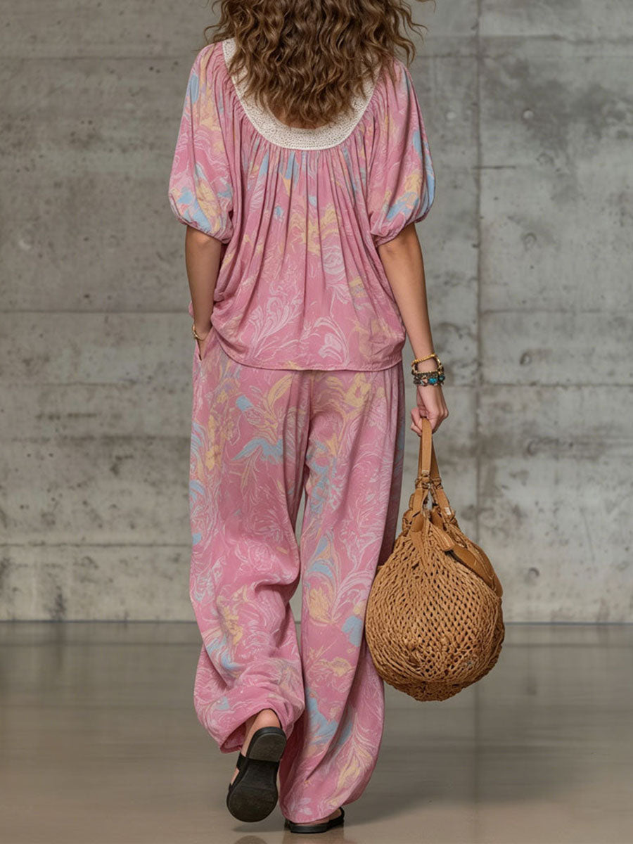 Women's Abstract Print V-neck Short-sleeve Loose-fit Top & Elastic-waist Wide-leg Pants Set