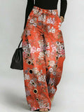 Women's Retro Floral Art Print Casual Stylish Hollow Denim Pants