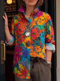 Women's Abstract Print Lapel Long-sleeve Casual Loose Cotton Shirt