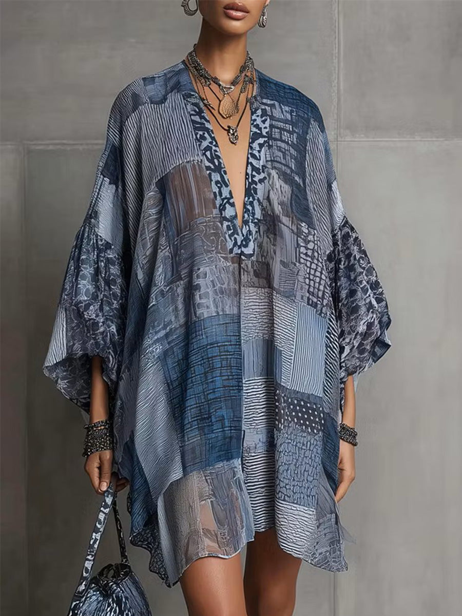 Blue Patchwork Print Sheer Kaftan Tunic Dress