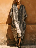 Women's Casual Loose Cotton-linen Dress With Placement Print V-neck And 3/4 Sleeves