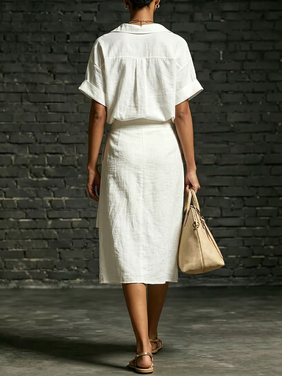 Women's Short-sleeve Collared Top And Skirt Two-piece Set