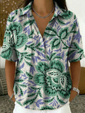 Women's Vintage Botanical Floral Casual Polo Collar Short-sleeved Linen And Cotton Shirt