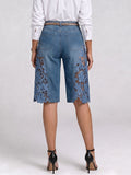 Women's High-waisted Cutout Lace Loose-fit Wide-leg Denim Shorts