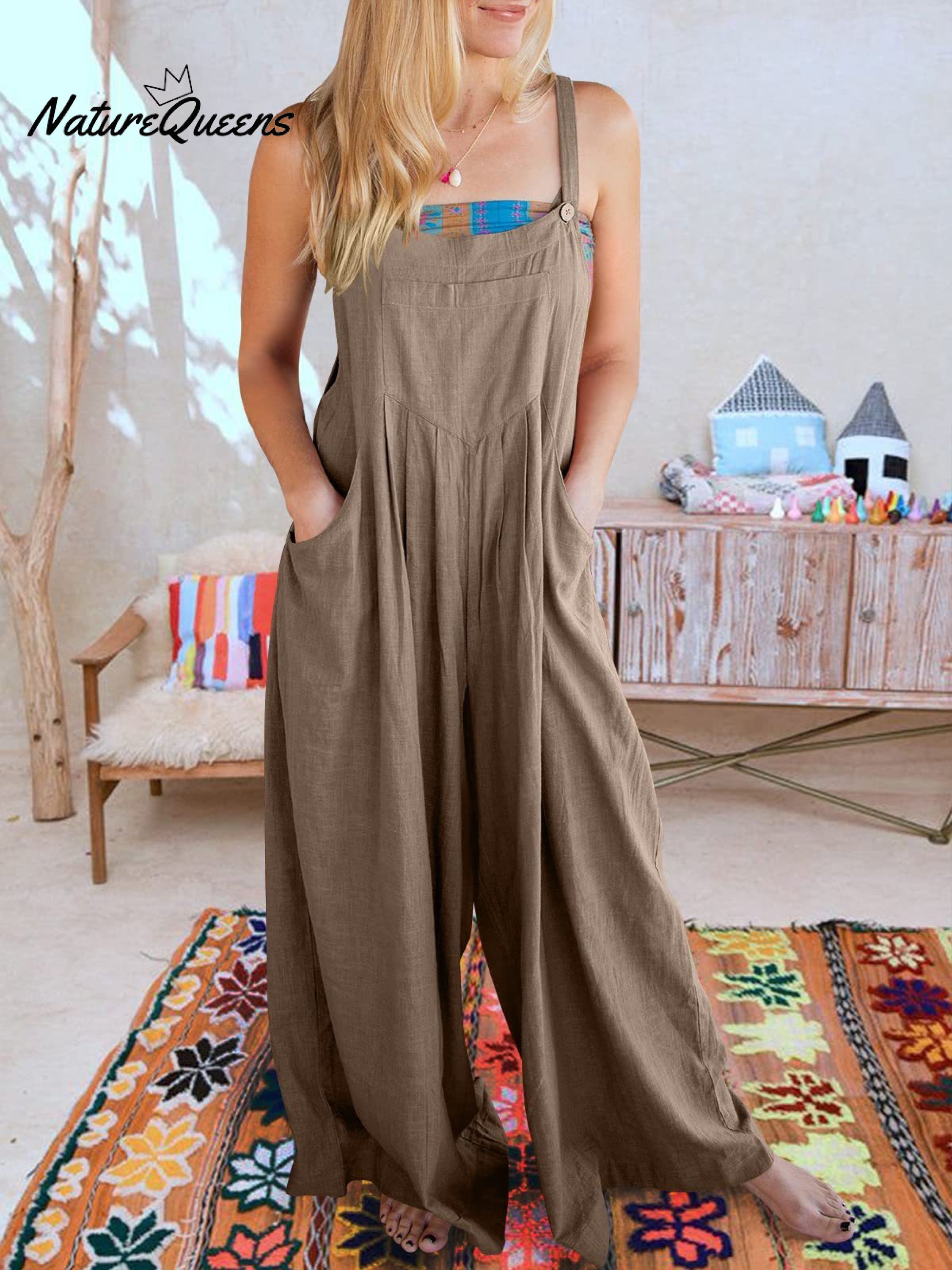 Women's Solid Color Loose Elegant Casual Cotton Linen Suspender Jumpsuit