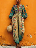 Women's Retro Floral Art Casual Stylish Comfortable Cotton Linen Jumpsuit