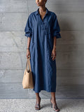 Navy Blue Textured Cotton-linen Frog Button Placket Collar Loose Shirt Midi Dress