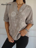 Women's Art Print Casual Cotton And Linen Henry Collar Shirt