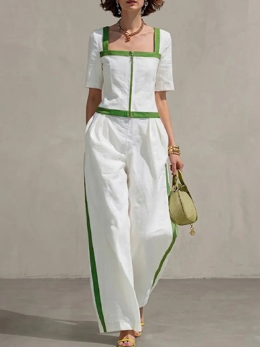Women's Patchwork Striped Cotton-linen Set