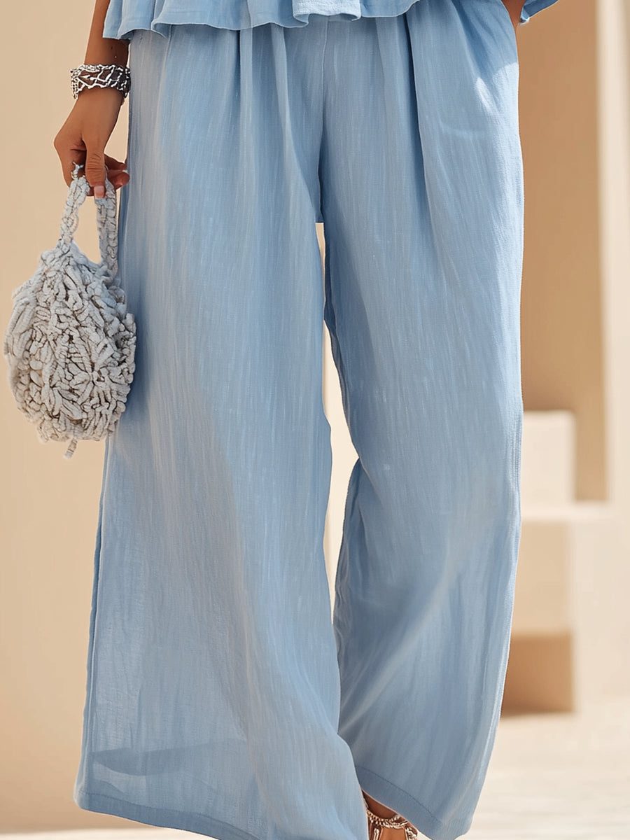 Light Blue Ruffle Trim Sleeveless Peplum Top & Wide Leg Pants Linen Cotton Set