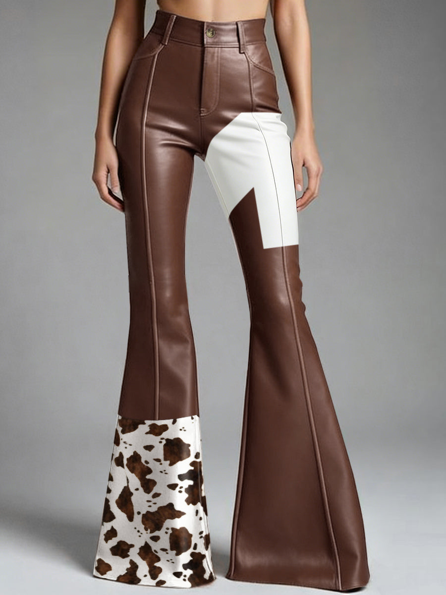 Western Cow Pattern PU Leather High Waist Bell Bottom Pants