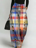 Women's Plaid Pattern Art Print Casual Stylish Hollow Denim Pants