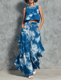 Blue Tie-dye Sleeveless Crop Top + Asymmetric Wide-leg Pants Set