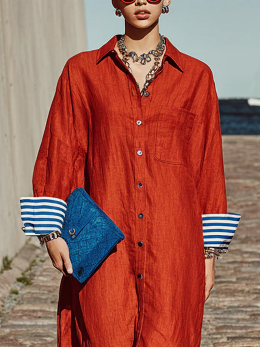 Cotton-linen Blend Loose Shirt Dress With Striped Cuffs