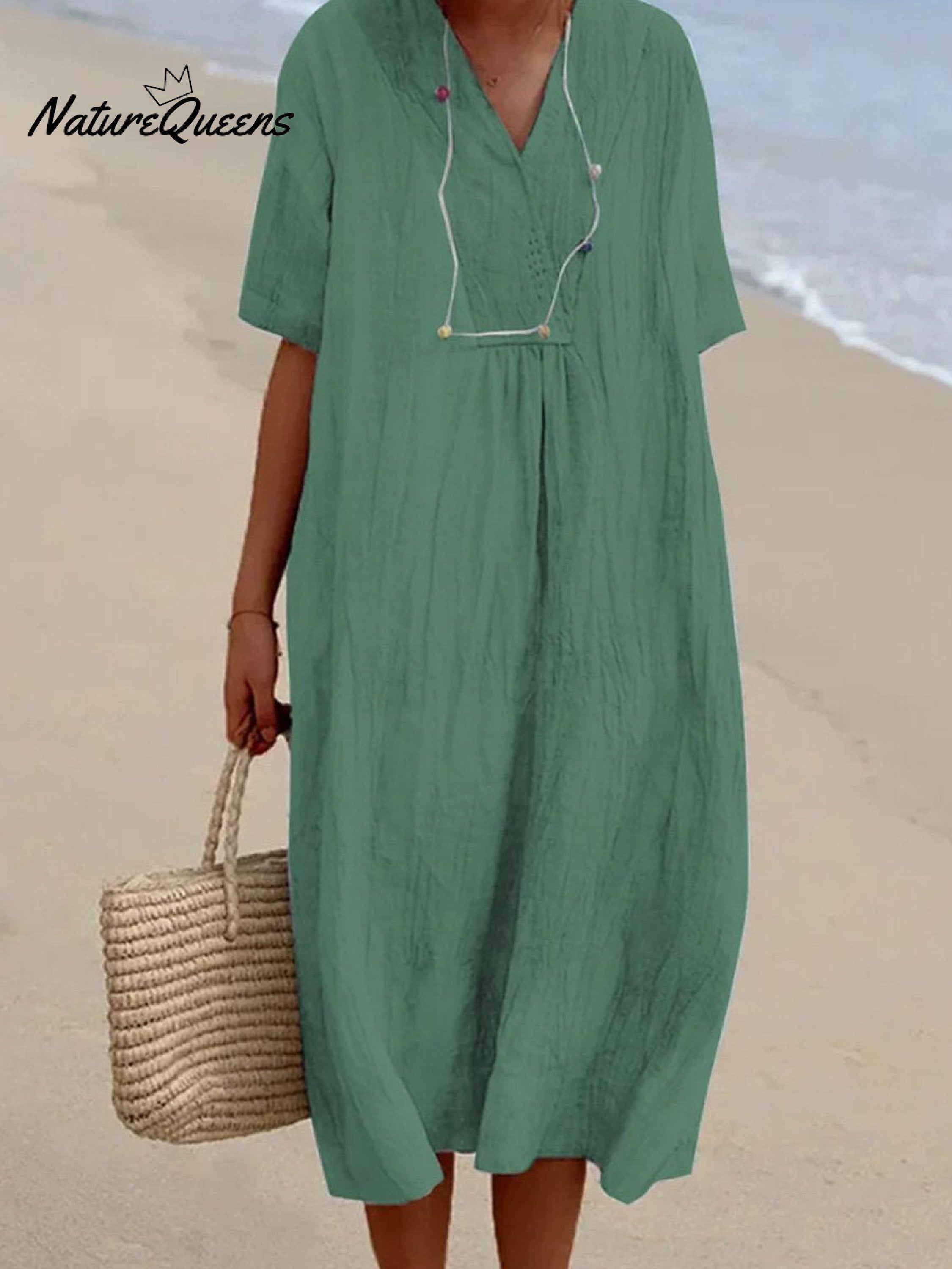 Women's Solid Color Cotton And Linen Short Sleeve Dress