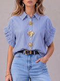 Women's Striped Print Shirt-collar Short-sleeve Casual Loose Cotton Cardigan