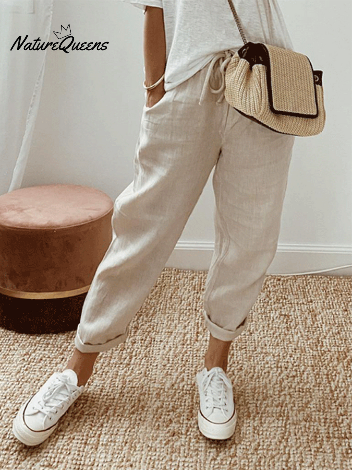 Women'S Cotton Linen Solid Color Casual Trousers