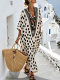 Women's Polka Dot Print V-neck 3/4-sleeve Casual Loose Cotton-linen Dress