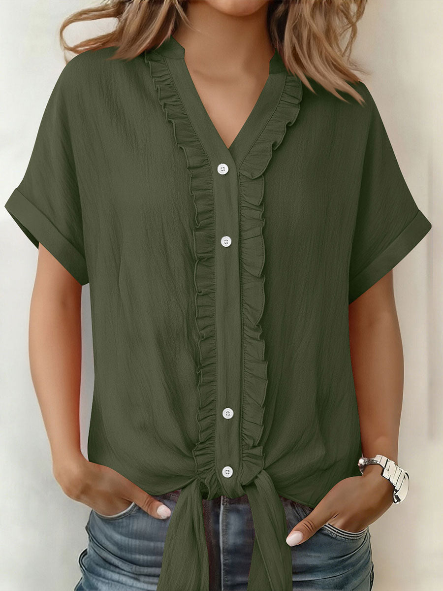 Women's Solid-Color Cotton-Linen Casual Short-Sleeve Button-Down Shirt with Ruffled Trim