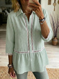 Casual Patchwork Cutout Webbing Stripe Linen-cotton Shirt