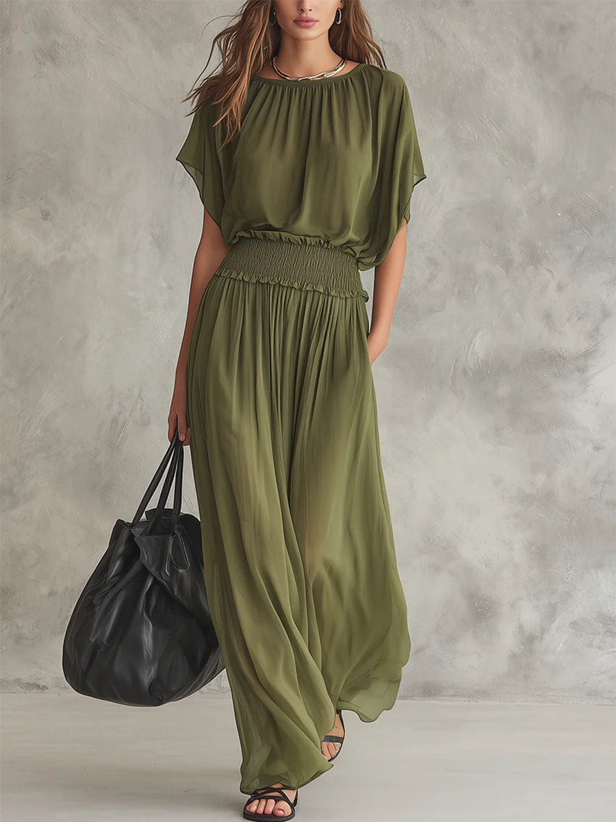 Women's Solid-color Elegant Waist-cinching Chiffon Maxi Dress