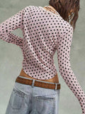 Women's Lace Trim And Polka Dots V-neck Long-sleeve Top