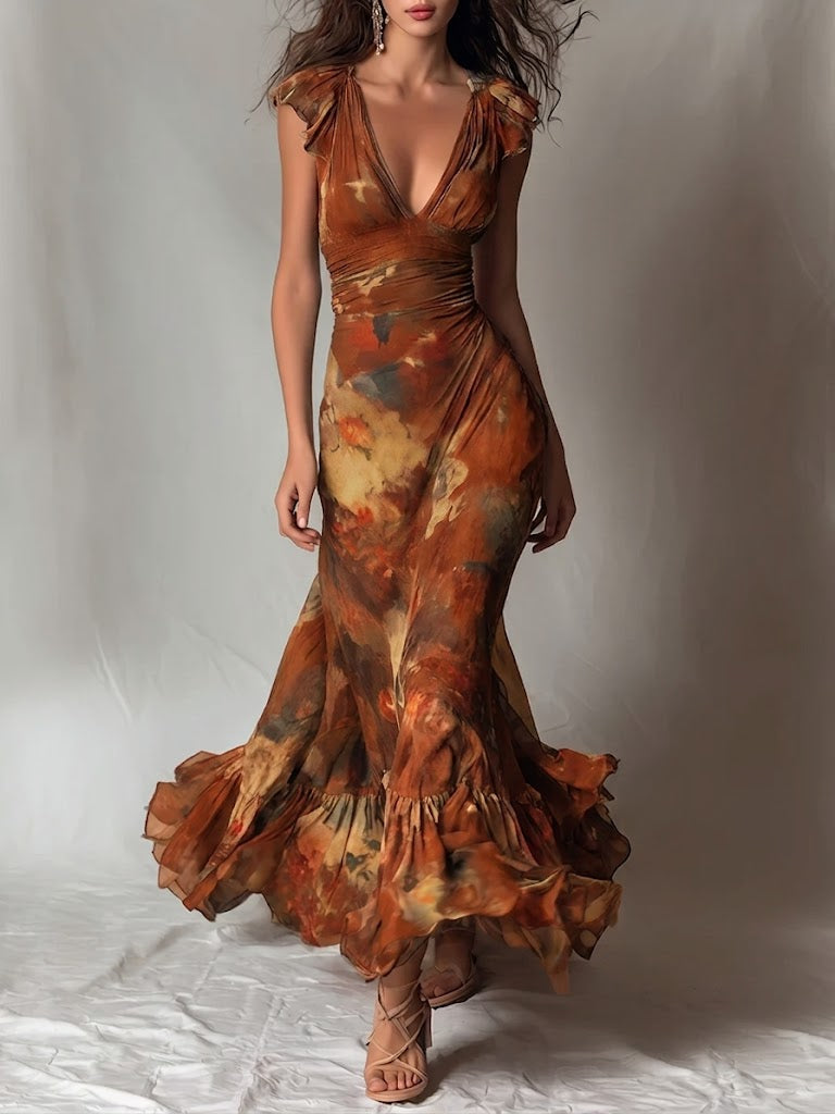 Bohemian Artistic Print Sleeveless Ruffled Chiffon Dress