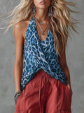 Women's Leopard Print V-neck Sleeveless Casual Loose Chiffon Top