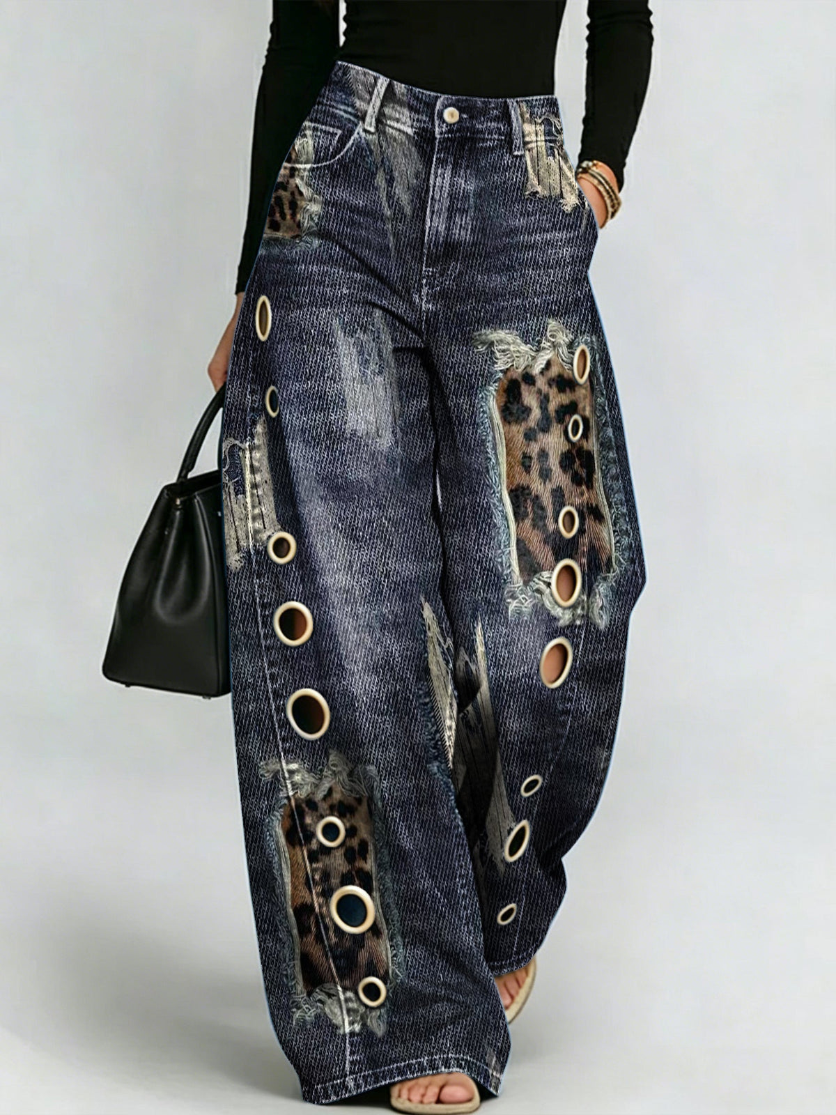 Distressed Leopard Print, Frayed-edge Patchwork, Metal Eyelet, Wide-leg Jeans