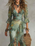 Women's Ruffled Floral Art Print Casual Stylish Comfortable Long Dress