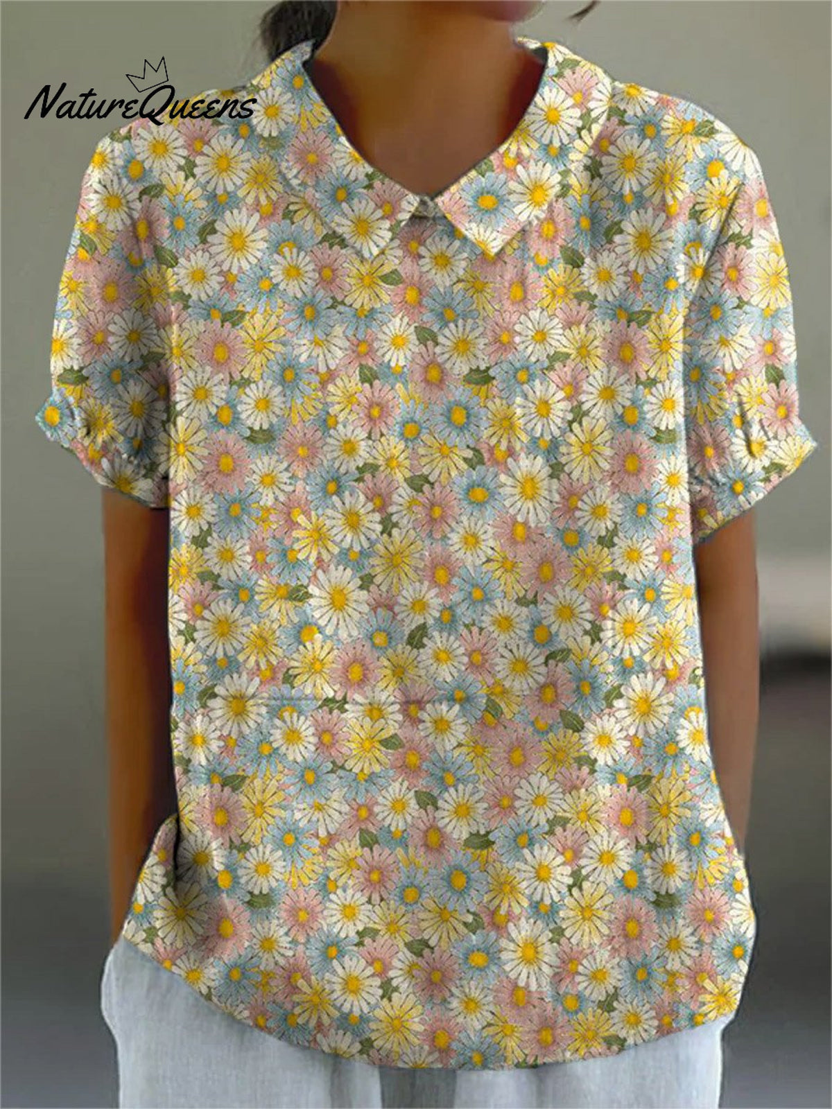 Women's Lovely Floral Art Print Casual Cotton And Linen Shirt