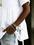 Women's Round Neck Cotton Linen Solid Color Loose Short-sleeved Shirt – Side Tether
