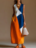 Women's Casual Loose Cotton-linen Dress With Geometric Color-block Print V-neck And Sleeveless Design