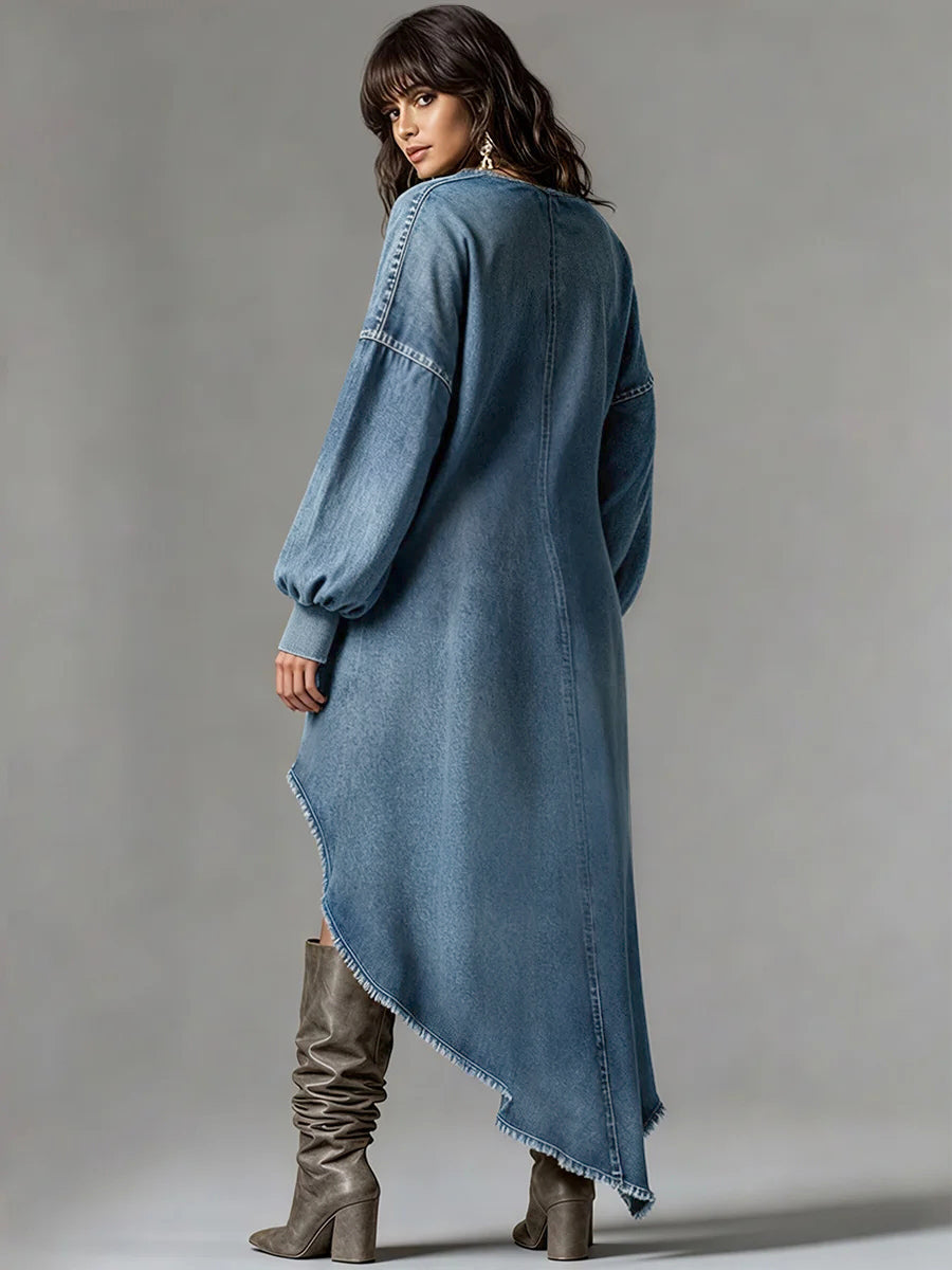 Ursime Festival Blue V Neck Lantern Sleeve Long Sleeve High Low Hem Casual Denim Mini Dresses