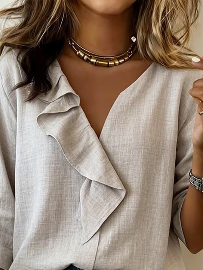Women'S Casual V-Neck Ruffle Cotton And Linen Top