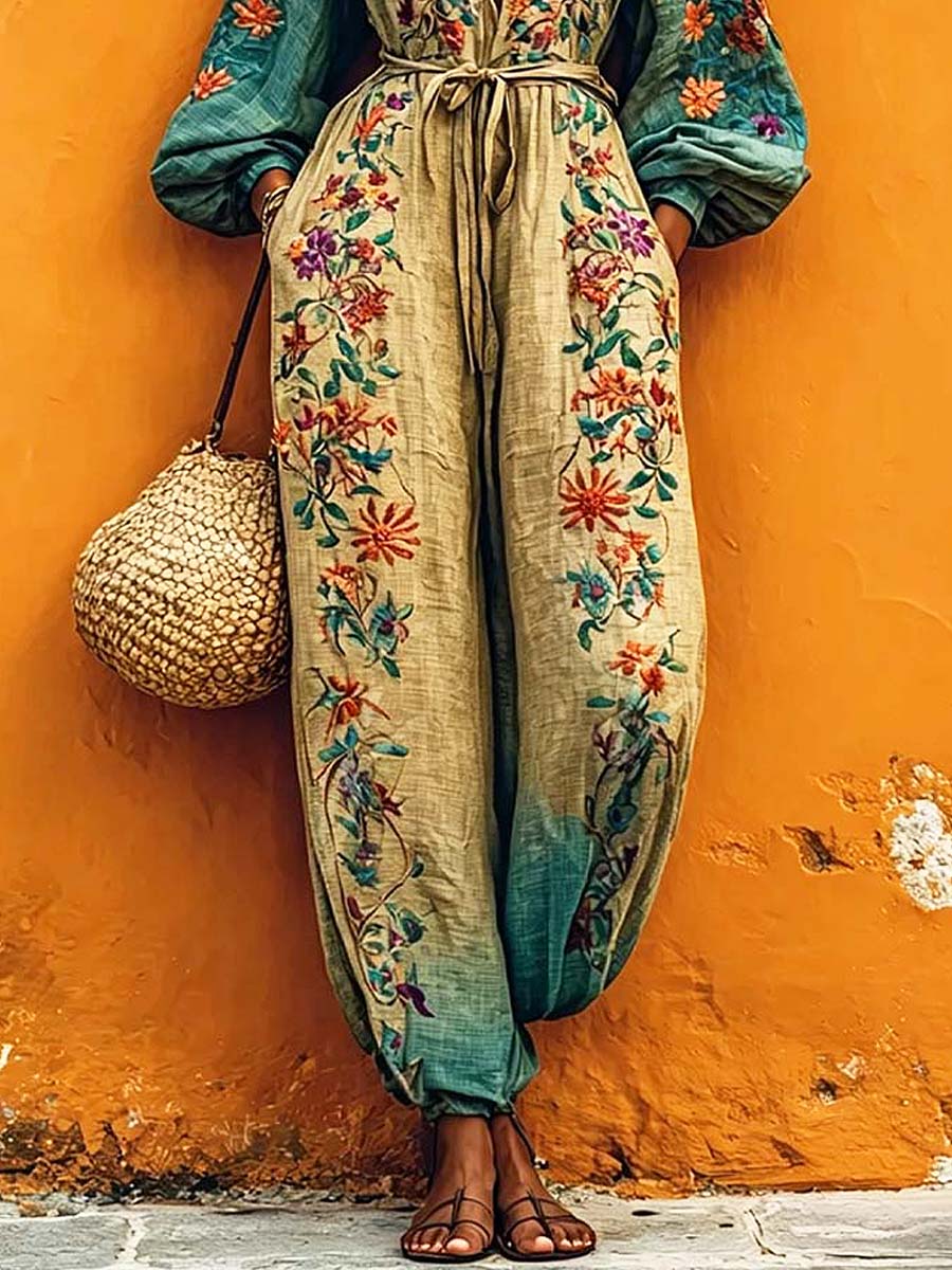 Women's Retro Floral Art Casual Stylish Comfortable Cotton Linen Jumpsuit