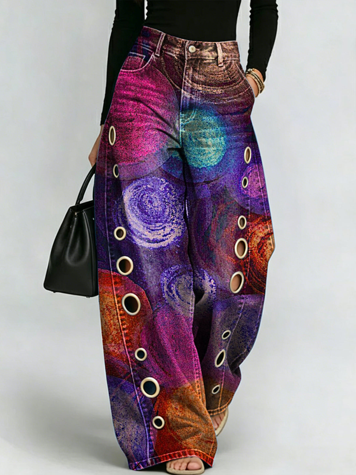 Retro Distressed Wide-leg Pants With Colorful Planet Print | High-waisted, Slimming Straight-leg Jeans With Side Slits