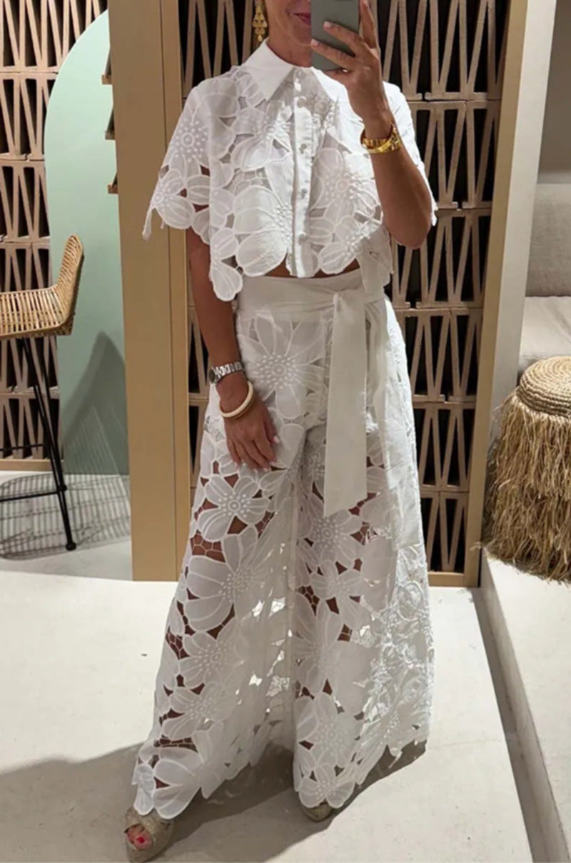 Stylish Casual Two-piece Set: Lace-embroidered Top And Pants