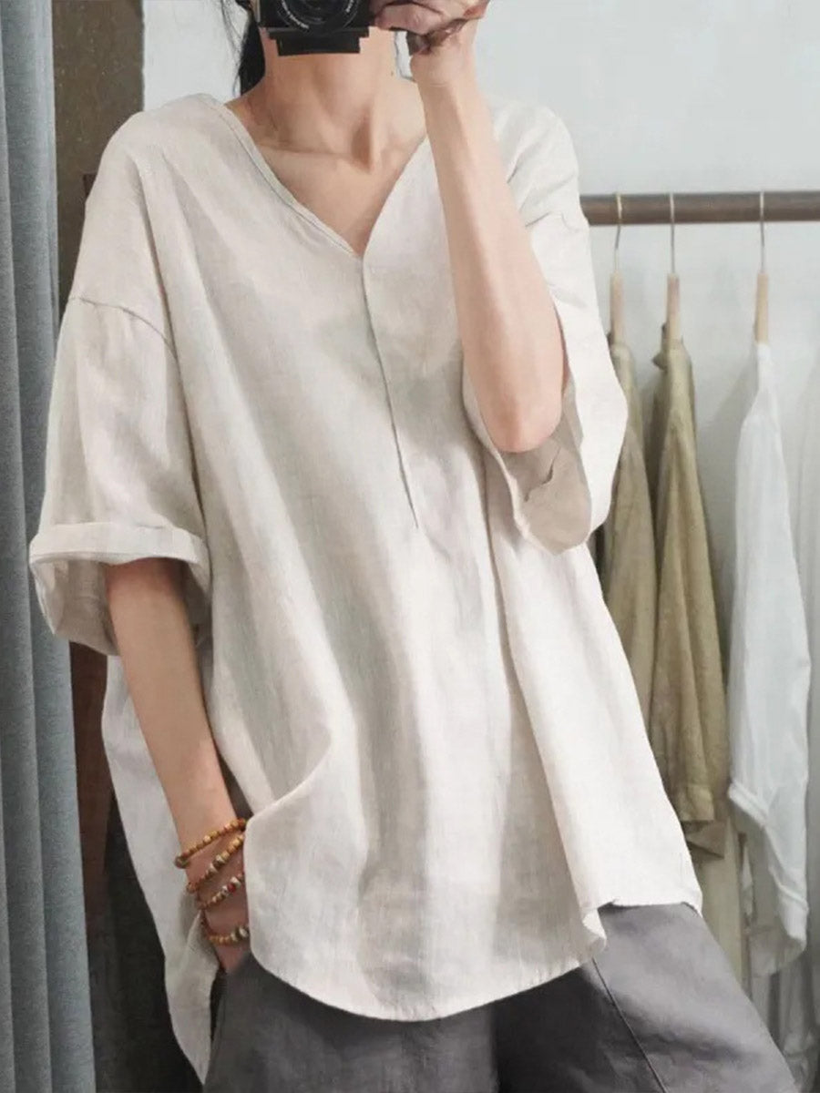 Women's Solid-color V-neck 3/4-sleeve Casual Loose Cotton-linen Top