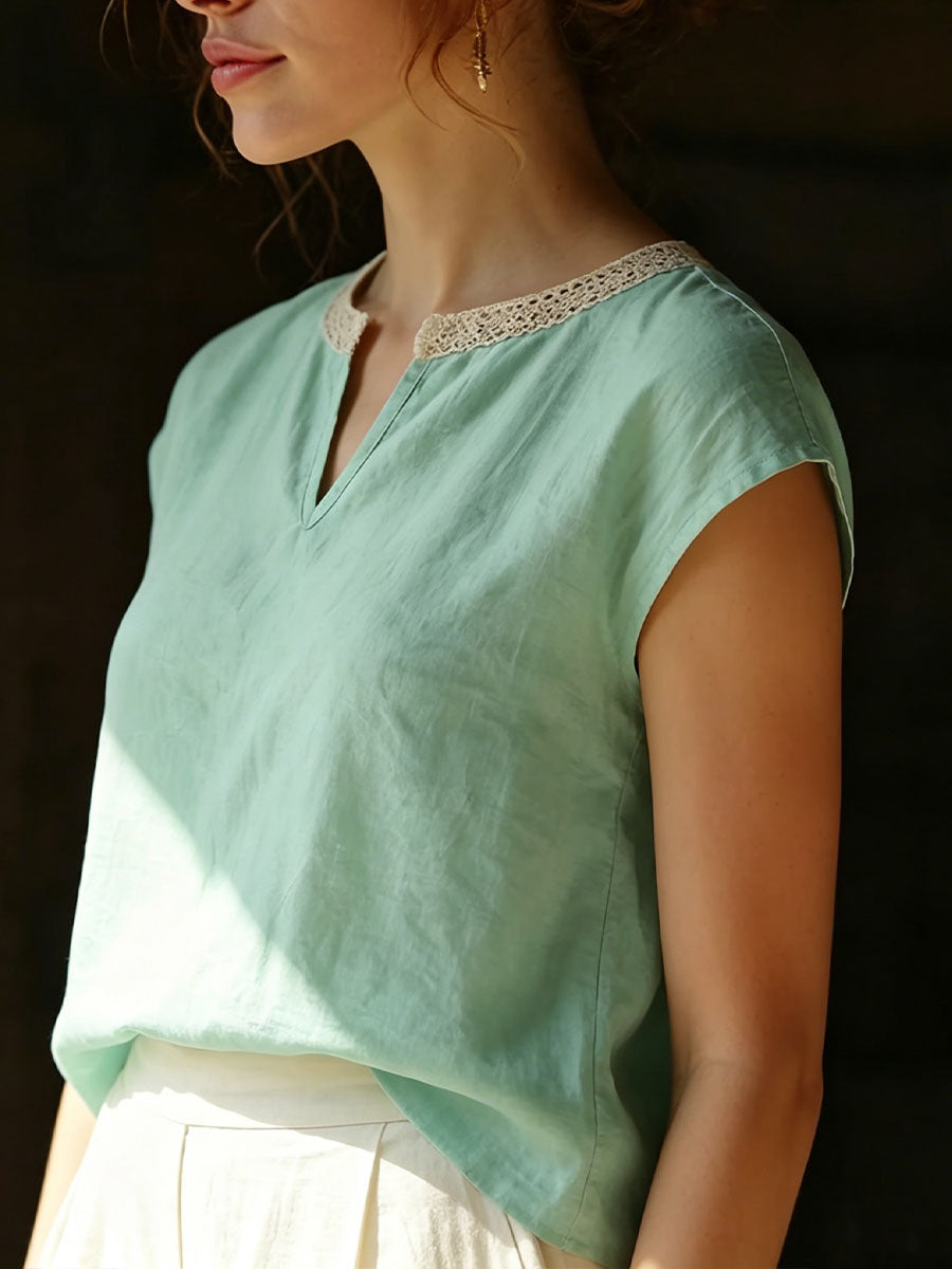 Women's Lace Trim Crew Neck Short-sleeve Top